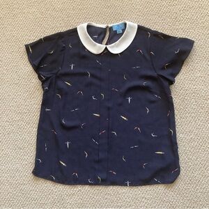 CeCe Navy Blue White Collared Divers Short Sleeve Blouse Size Medium Like New